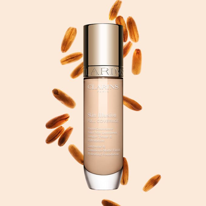 Skin Illusion Full Coverage Skin Illusion Couvrance Totale Clarins présente son design épuré et son emballage éclatant, le fond de teint idéal pour un teint parfait et naturel.