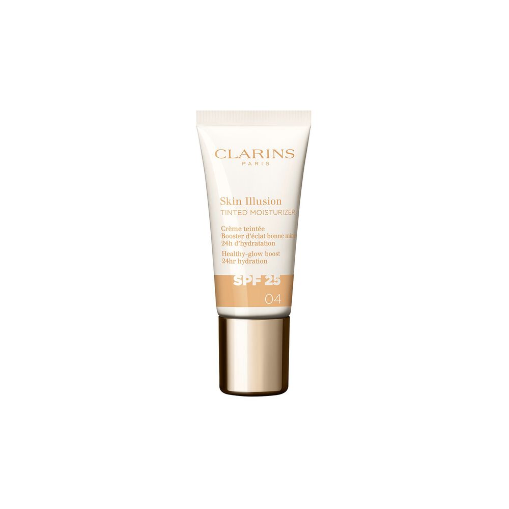 Plan produit du tube de 15 ml du perfecteur de teint Skin Illusion Tinted Moisturizer de Clarins avec SPF en teinte 05.