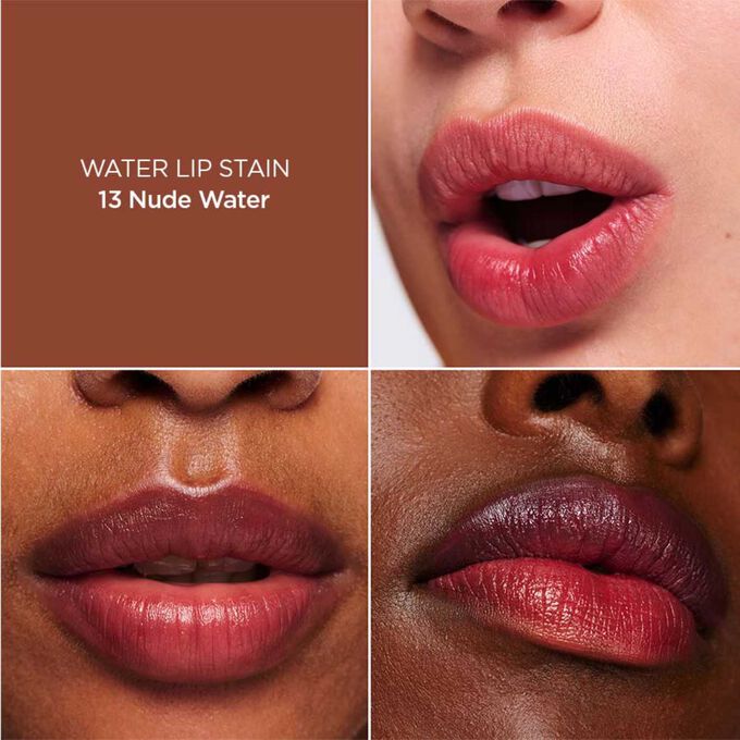 Gros plan des lèvres d’une femme, présentant les résultats en matière d’hydratation, de couleur et de fini mat après application de Water Lip Stain Marron en teinte 13.