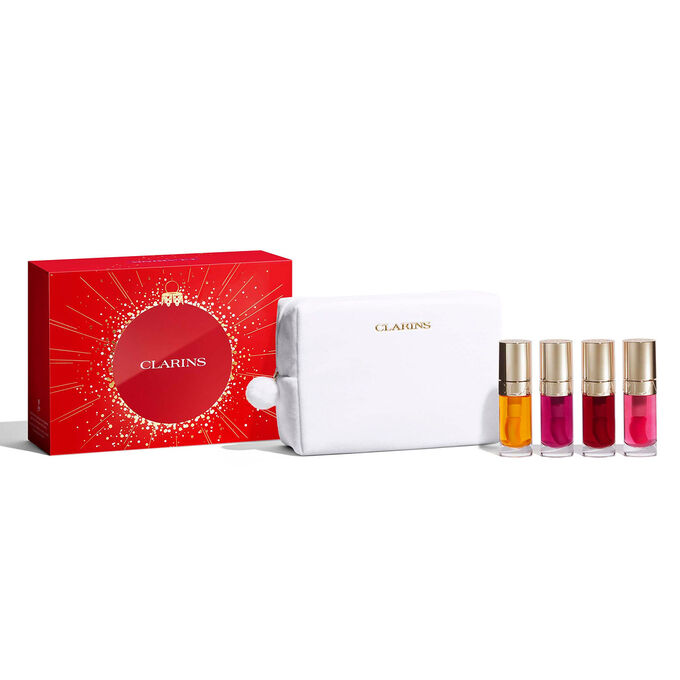 Plan produit du coffret cadeau de No&euml;l Huiles &agrave; L&egrave;vres de Clarins avec les teintes incontournables pour des l&egrave;vres naturellement sublim&eacute;es au quotidien