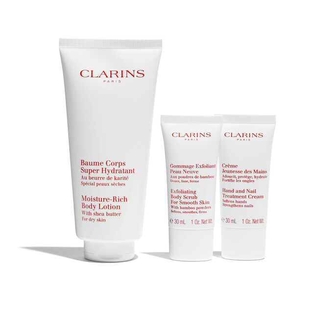 Coffret Baume Corps Super Hydratant, Gommage Exfoliant Peau Neuve et Crème Jeunesse des Mains