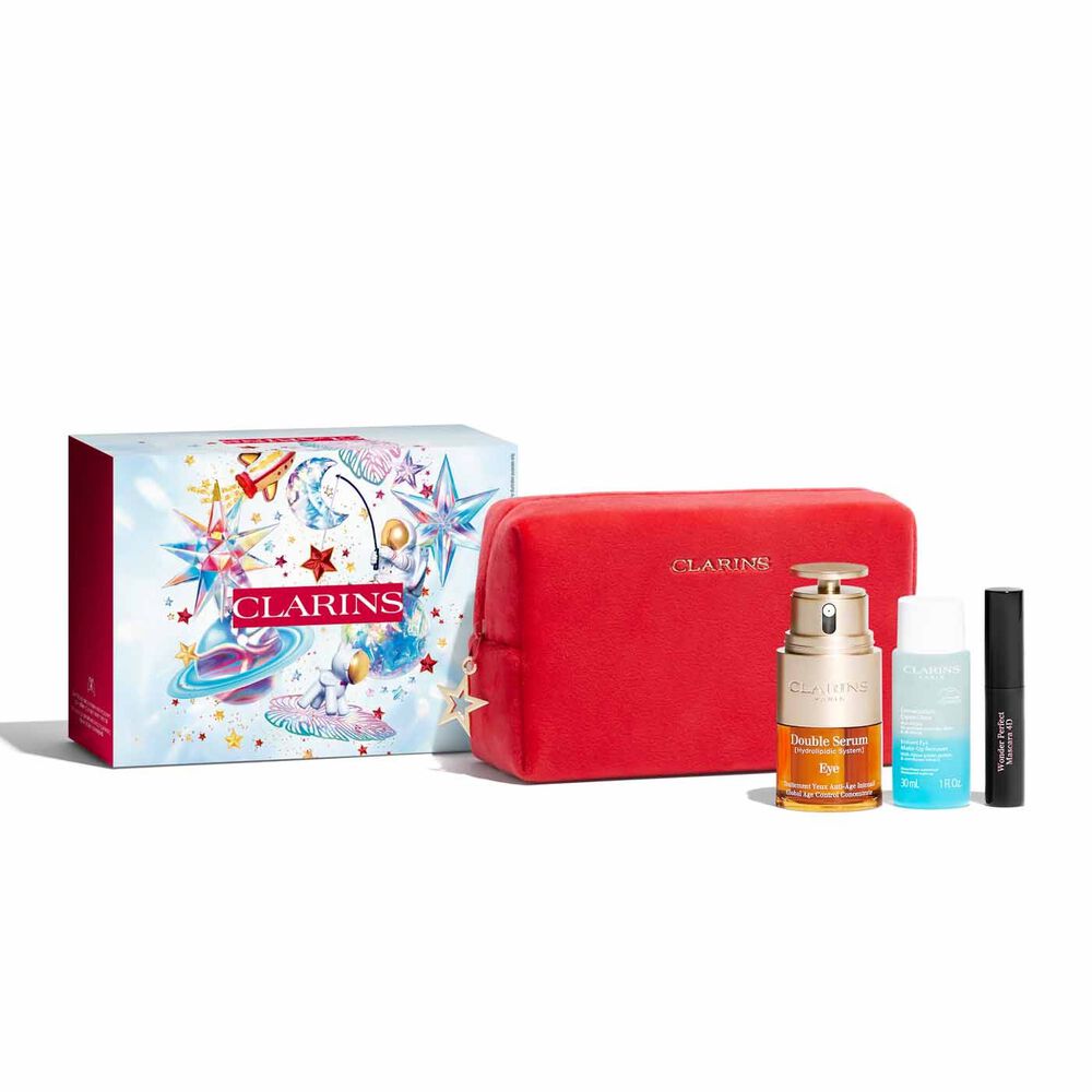 Plan produit du coffret cadeau Double Serum Eye pour les fêtes de fin d'année de Clarins composé d'une boîte cadeau, d'une trousse à maquillage et d’une sélection de produits.