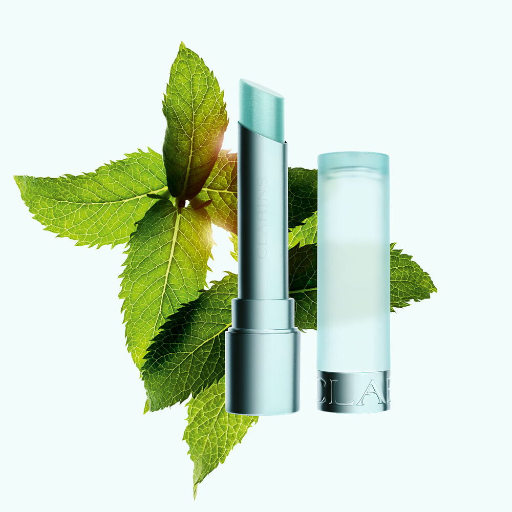 Plan produit du Cool Lip Balm de Clarins, mis en valeur par ma menthe qui l&rsquo;entoure pour souligner sa sensation rafra&icirc;chissante