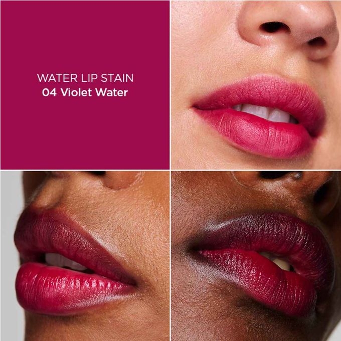 Gros plan des lèvres d’une femme, présentant les résultats en matière d’hydratation, de couleur et de fini mat après application de Water Lip Stain Rose en teinte 4.