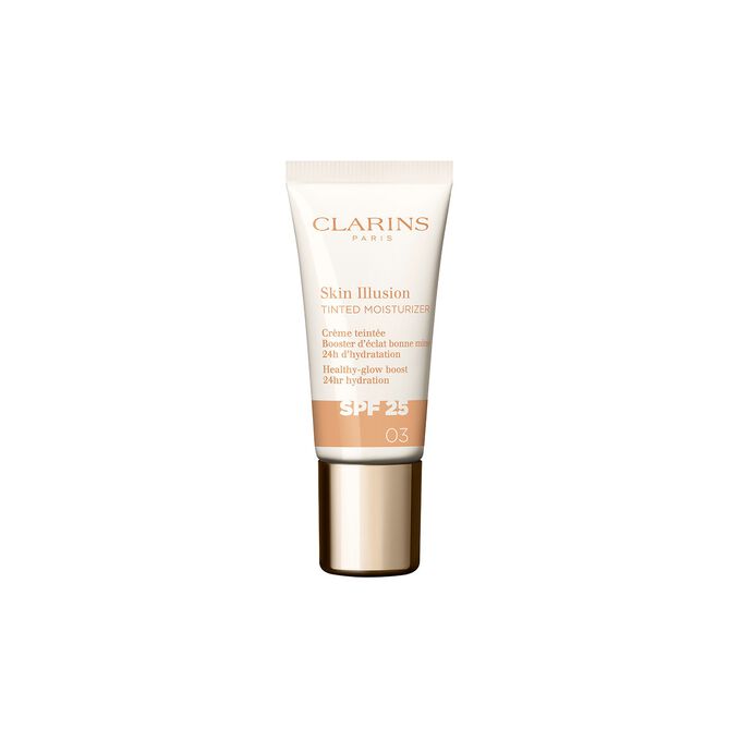 Plan produit du tube de 15 ml du perfecteur de teint Skin Illusion Tinted Moisturizer de Clarins avec SPF en teinte 03.