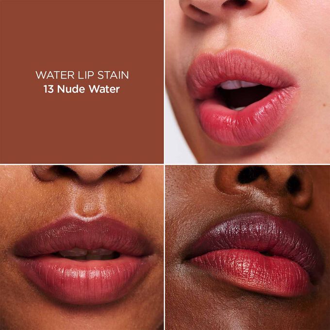 Gros plan des l&egrave;vres d&rsquo;une femme, pr&eacute;sentant les r&eacute;sultats en mati&egrave;re d&rsquo;hydratation, de couleur et de fini mat apr&egrave;s application de Water Lip Stain Marron en teinte 13.
