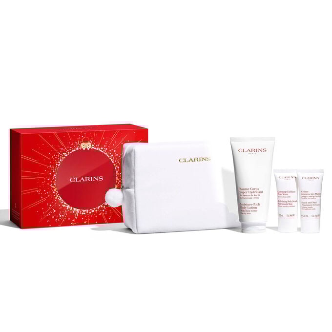 Plan produit du coffret cadeau de No&euml;l Soins du corps Clarins comprenant les produits incontournables pour exfolier, hydrater et nourrir votre peau en profondeur