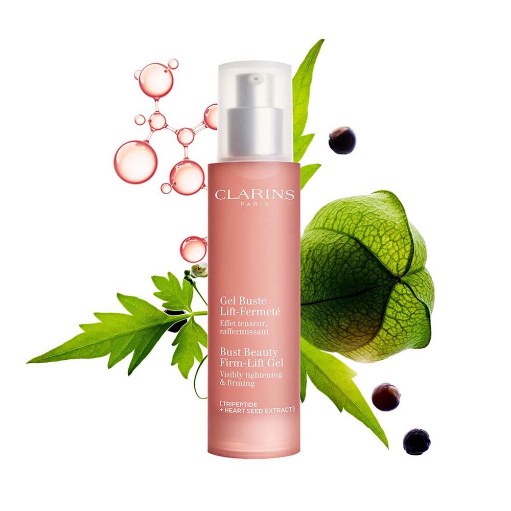 Plan produit du Gel Buste Lift-Fermet&eacute; Clarins avec pois de c&oelig;ur et mol&eacute;cules de tripeptide de collag&egrave;ne illustrant ses ingr&eacute;dients cl&eacute;s.