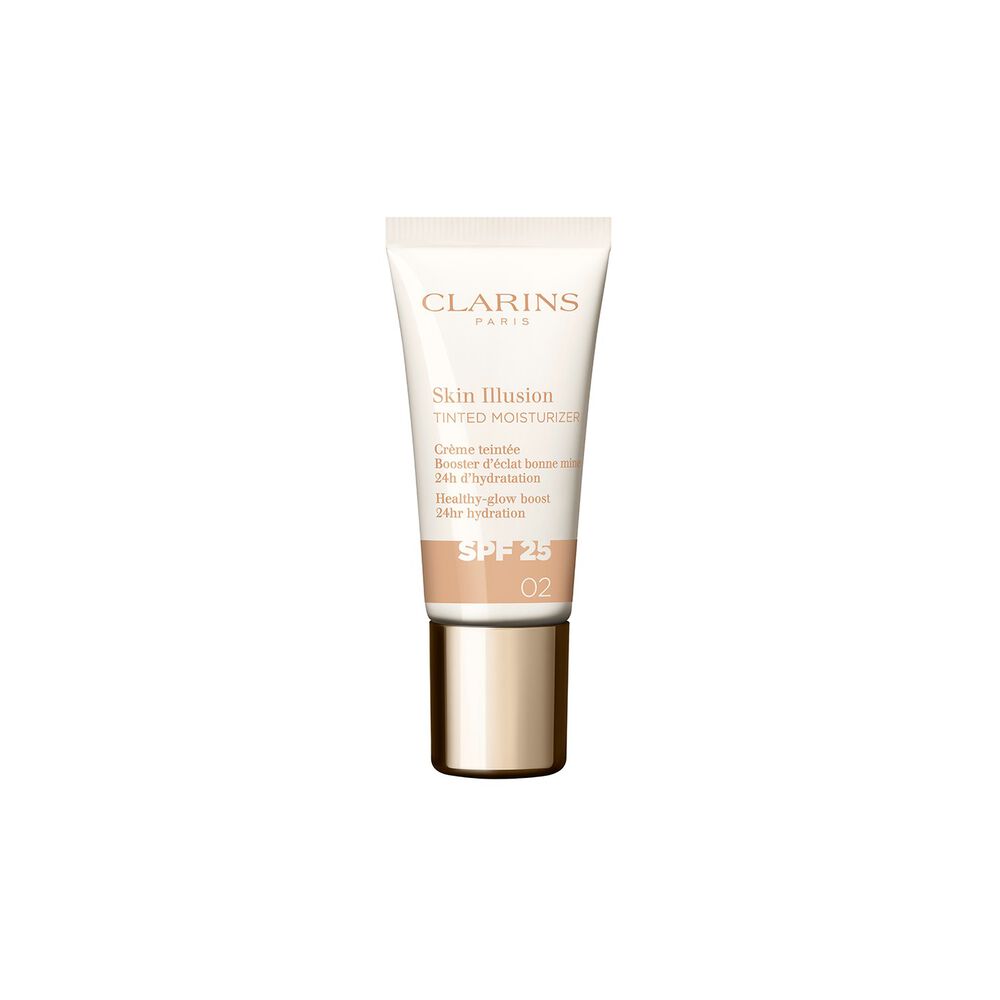 Plan produit du tube de 15 ml du perfecteur de teint Skin Illusion Tinted Moisturizer de Clarins avec SPF en teinte 02.
