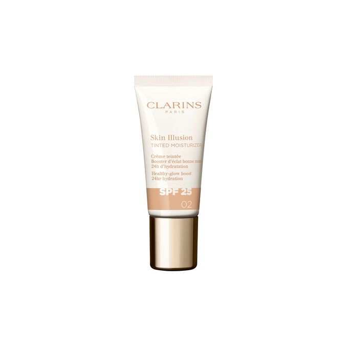 Plan produit du tube de 15 ml du perfecteur de teint Skin Illusion Tinted Moisturizer de Clarins avec SPF en teinte 02.