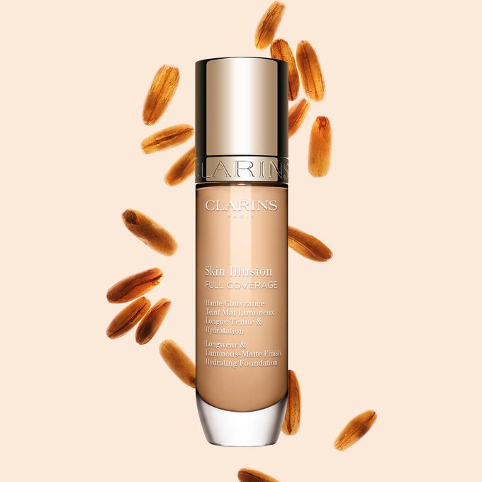 Skin Illusion Couvrance Totale Clarins présente son design épuré et son emballage éclatant, le fond de teint idéal pour un teint parfait et naturel.