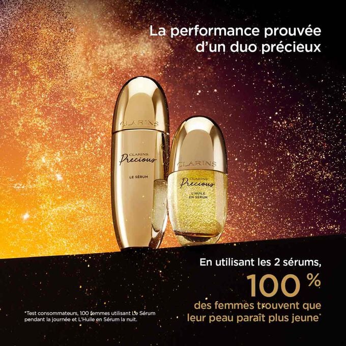 Visuel du Sérum et de L’Huile en Sérum, montrant que l’utilisation de ces deux produits rajeunit visiblement la peau