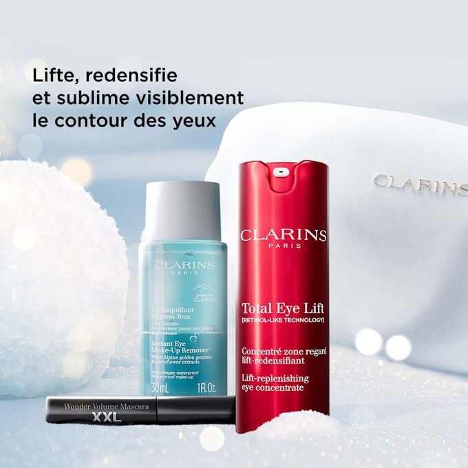 Plan produit du coffret cadeau de Noël Clarins mettant en valeur des soins contour des yeux qui liftent, régénèrent et embellissent visiblement le regard