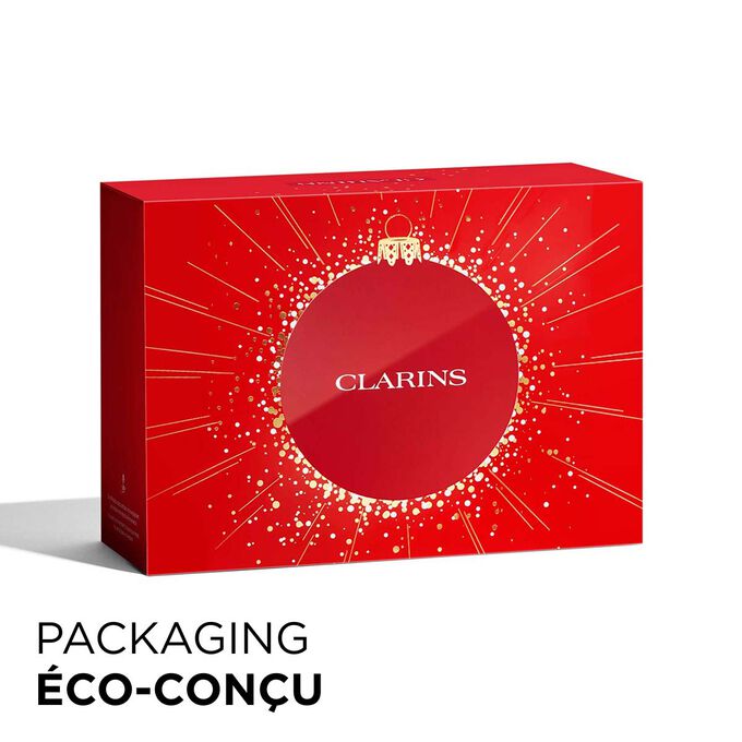 Plan produit du coffret cadeau de Noël Clarins avec un packaging écologique, mettant l’accent sur le développement durable et l’attention portée au cadeau.