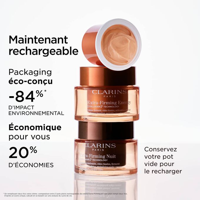 Plan produit du packaging et de la recharge de la cr&egrave;me Extra-Firming, mettant en &eacute;vidence le packaging &eacute;cologique et les caract&eacute;ristiques de la recharge en termes de durabilit&eacute;