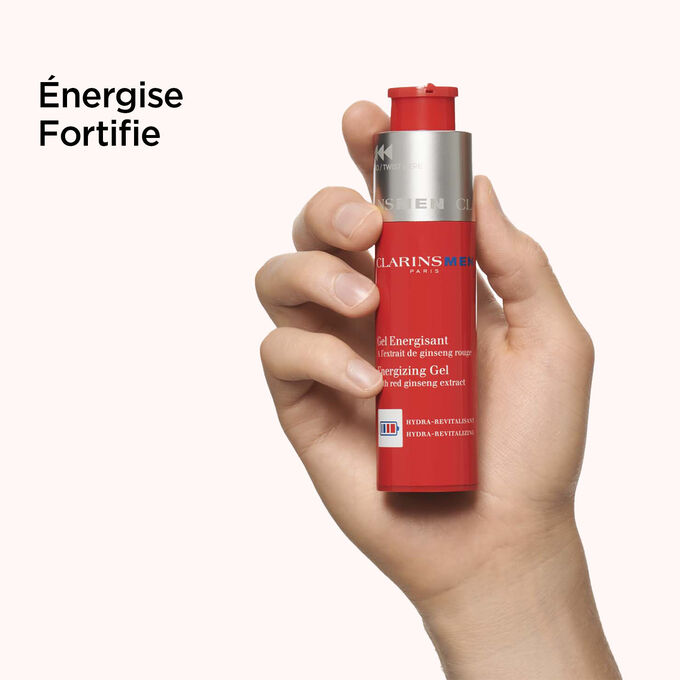 Plan produit du Gel Énergisant pour homme sur fond texturé pour mettre en valeur ses effets énergisants et fortifiants.