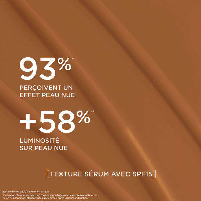 Ce fond de teint s&eacute;rum offre un fini naturel, renfor&ccedil;ant l&rsquo;&eacute;clat de la peau pour 93 % des femmes test&eacute;es.