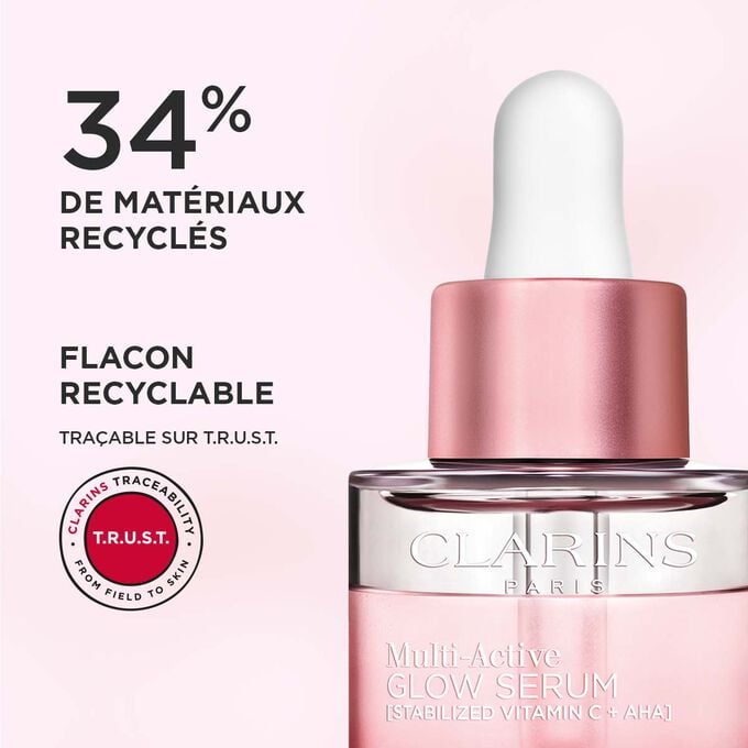 Gros plan du haut du flacon de Multi-Active Glow Serum, avec 34 % de matériaux recyclés et un design recyclable.