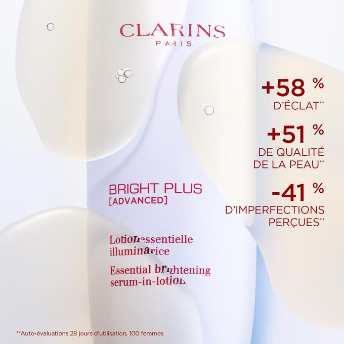 Gros plan sur la Lotion Bright Plus avec un texte soulignant ses effets : améliore l'éclat, améliore la qualité de la peau et réduit les taches.