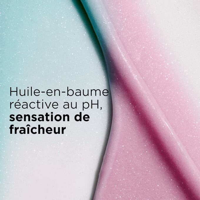 Arri&egrave;re-plan textur&eacute; compos&eacute; de texture baume rose et bleu, qui illustrent l&rsquo;huile-en-baume r&eacute;active au pH et sa sensation de fra&icirc;cheur
