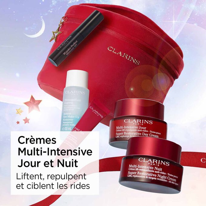 Coffret cadeau Multi-Intensive Clarins composé des Crèmes Multi-Intensive Jour et Nuit pour lifter, repulper et cibler les rides.