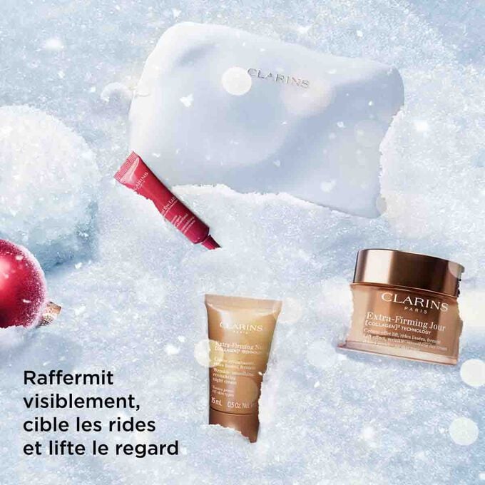 Plan produit du coffret cadeau de Noël Clarins mettant en avant les soins raffermissants qui liftent la peau, lissent les rides et ouvrent le regard