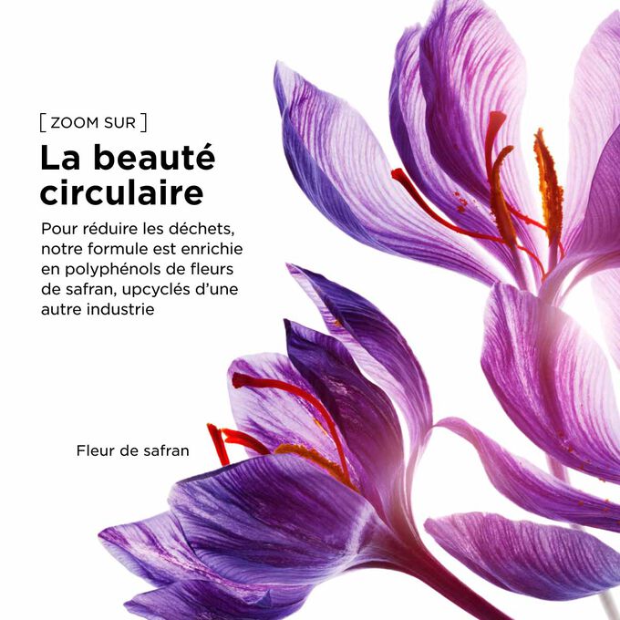 Approche circulaire de la beaut&eacute; avec les polyph&eacute;nols de fleur de safran upcycl&eacute;s dans ce s&eacute;rum sant&eacute; et long&eacute;vit&eacute; du cuir chevelu.
