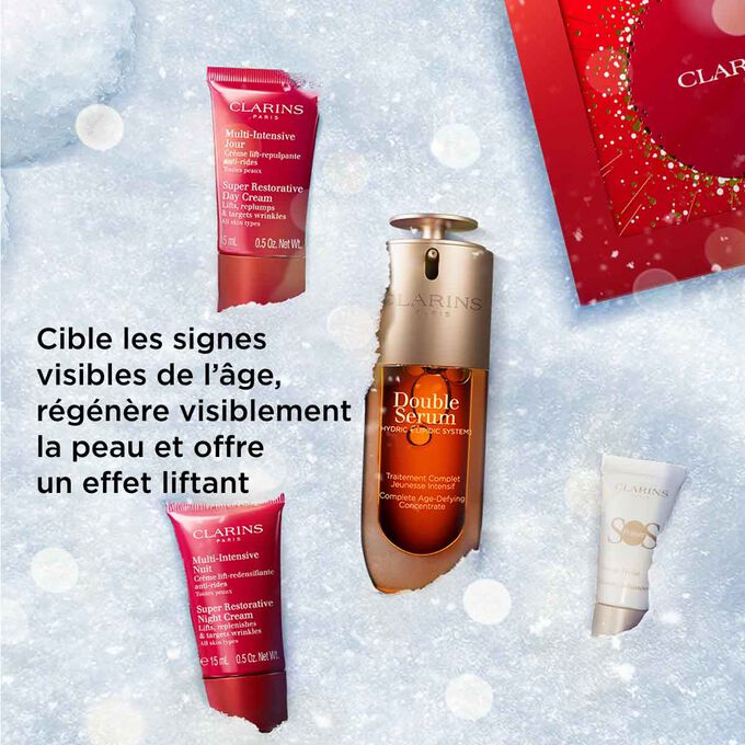 Plan produit du coffret de soins anti-âge de Clarins offrant des résultats liftants, raffermissants et lissants visibles pour un teint plus éclatant et plus jeune