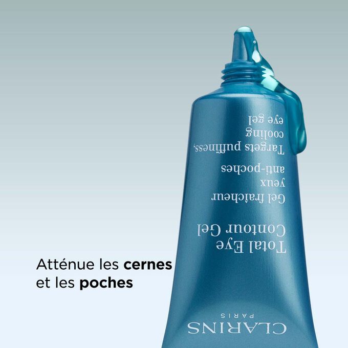 Tube du Total eye contour gel montrant des r&eacute;sultats cliniques pour r&eacute;duire les poches et les cernes et obtenir un regard frais.