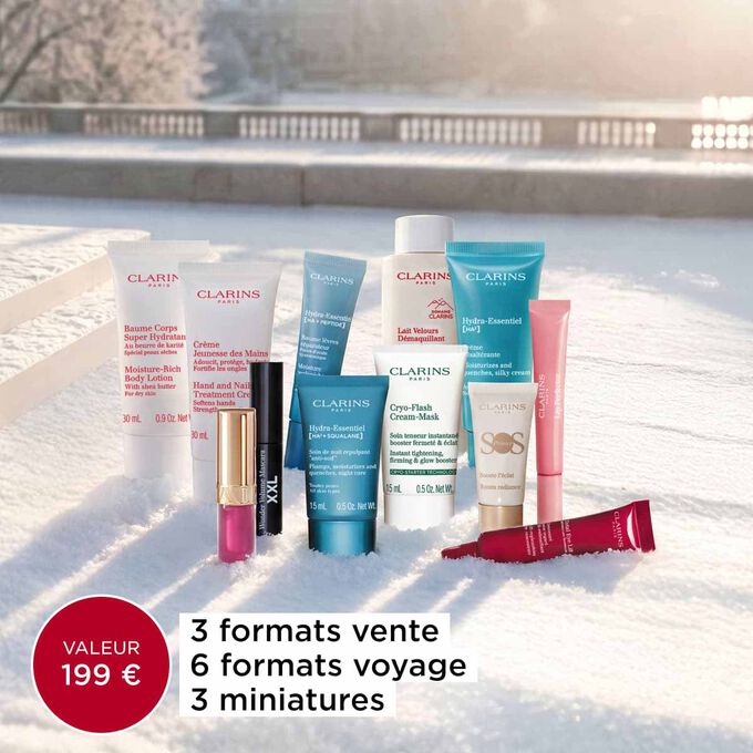 Calendrier de l&rsquo;Avent Beaut&eacute; 12 Jours de Clarins, comprenant du maquillage et des soins visage et corps, en format vente et voyage, dans une bo&icirc;te rouge.