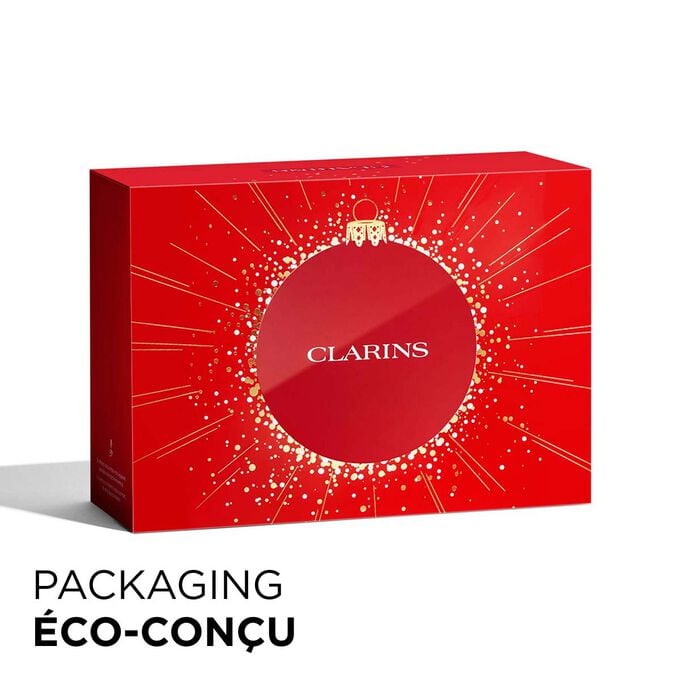 Plan produit du coffret cadeau de Noël Clarins avec un packaging écologique, mettant l’accent sur le développement durable et l’attention portée au cadeau.