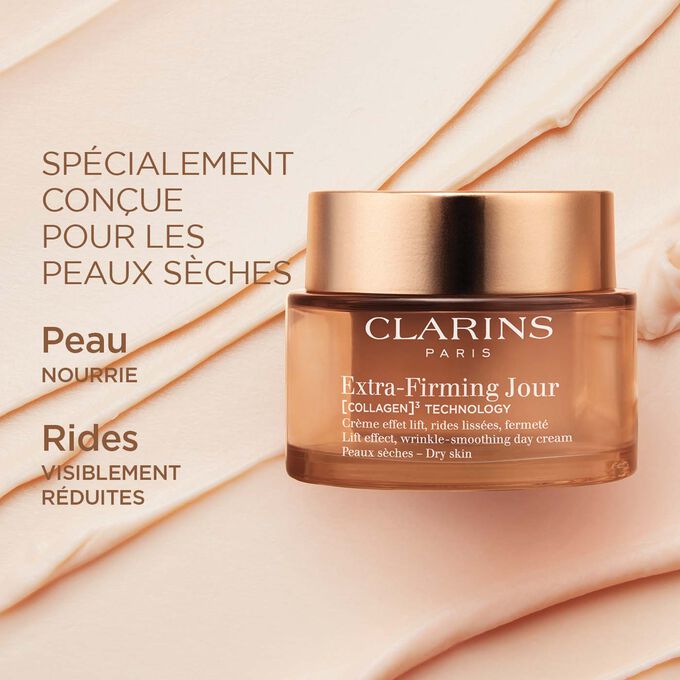 Plan produit de la Crème Extra-Firming Jour pour peaux sèches illustrant ses effets anti-rides et très nourrissants