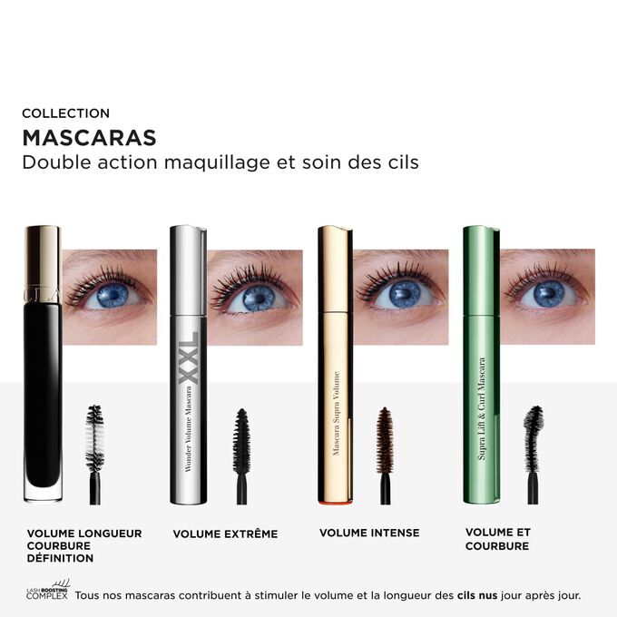 La Collection Mascaras Clarins offre un volume, une longueur, une courbure et une d&eacute;finition exceptionnelle gr&acirc;ce au lash-boosting complex pour prendre soin des cils.
