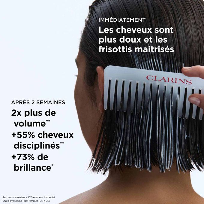 R&eacute;sultats de l&rsquo;apr&egrave;s-shampooing lissant sur les cheveux : deux fois plus de volume et +73 % de brillance pour des cheveux faciles &agrave; coiffer.