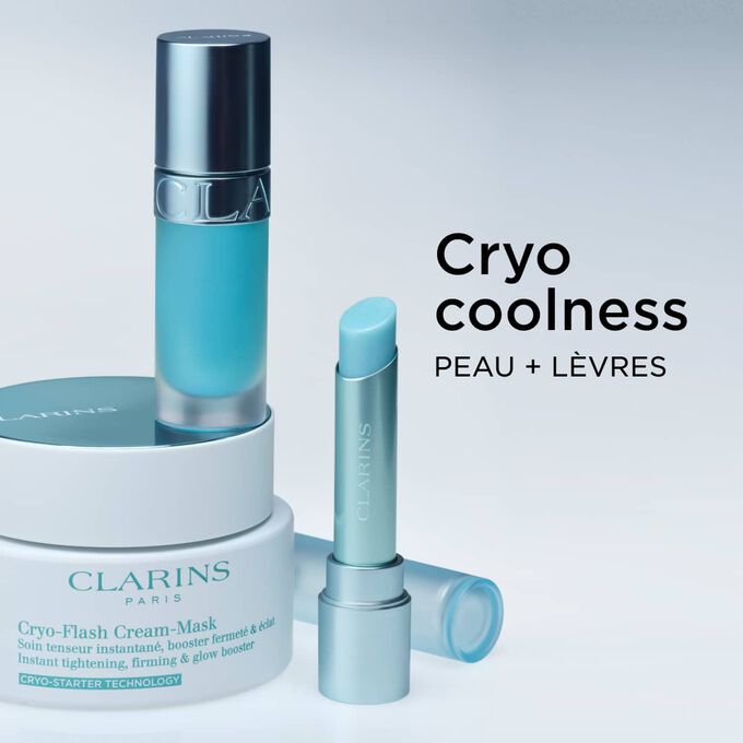 Plan produit de la gamme Cryo Coolness de Clarins pour la peau et les l&egrave;vres, pr&eacute;sentant des produits rafra&icirc;chissants et apaisants pour un effet repulpant.