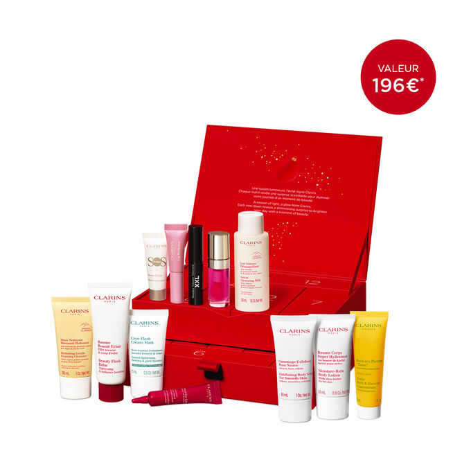 Plan produit du calendrier de l’Avent Beauté 12 Jours de Clarins avec les produits incontournables pour votre rituel quotidien soin et beauté