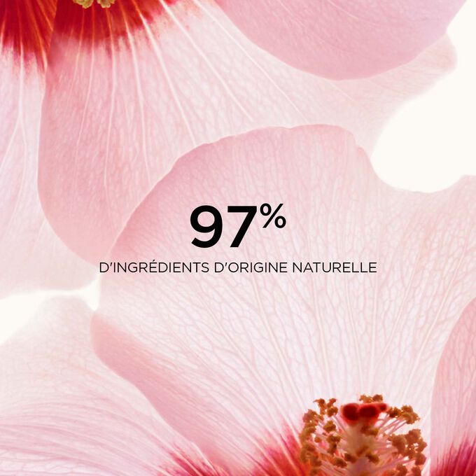 Gros plan sur deux fleurs d'hibiscus pour mettre en avant que 97 % des ingrédients du Sérum Corps Peau Neuve sont d'origine naturelle.