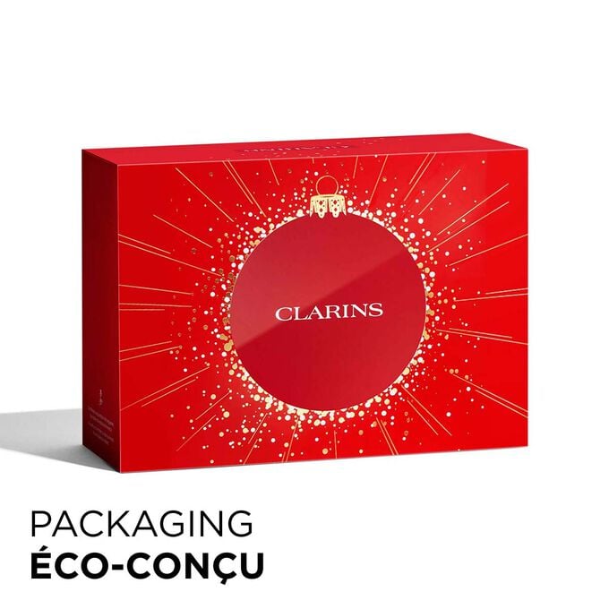 Plan produit du coffret cadeau de Noël Clarins avec un packaging écologique, mettant l’accent sur le développement durable et l’attention portée au cadeau.