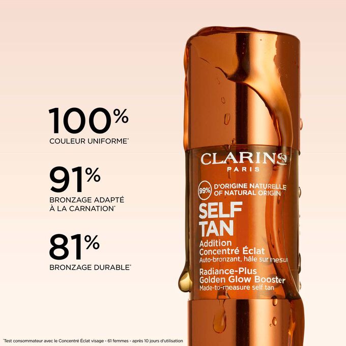 Infographie montrant les gouttes auto-bronzantes du concentr&eacute; &eacute;clat avec des affirmations sur le r&eacute;sultat cent pour cent naturel.