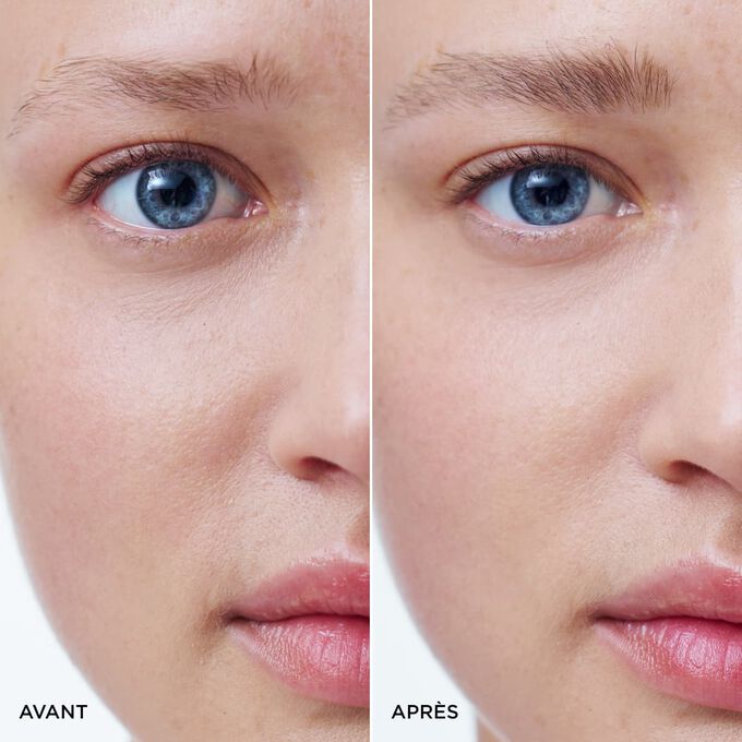 Les sourcils d&rsquo;une femme avant et apr&egrave;s utilisation du gel &agrave; sourcils teint&eacute; Clarins en Ash Blond, pour des sourcils plus fournis, plus d&eacute;finis et naturels.