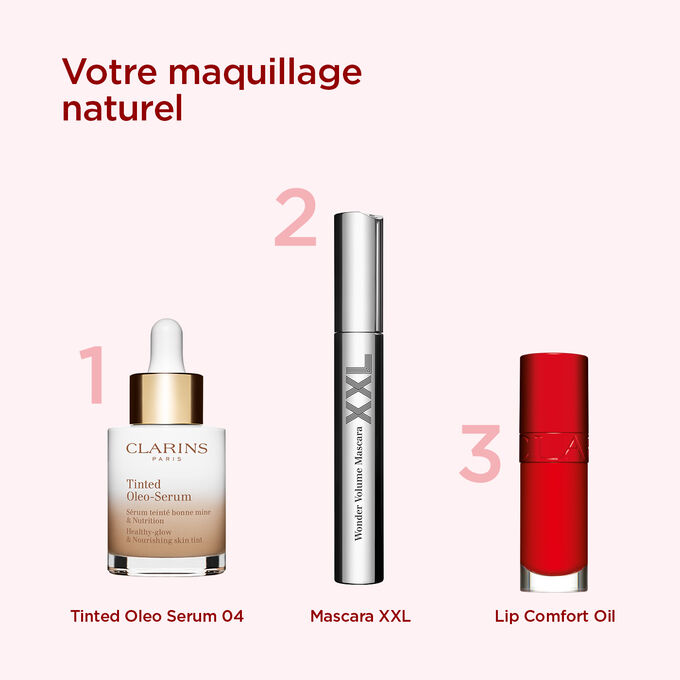 Sélection de maquillage Clarins pour un look naturel, composée d’un sérum teinté, d’un mascara volumateur et d’une huile à lèvres.