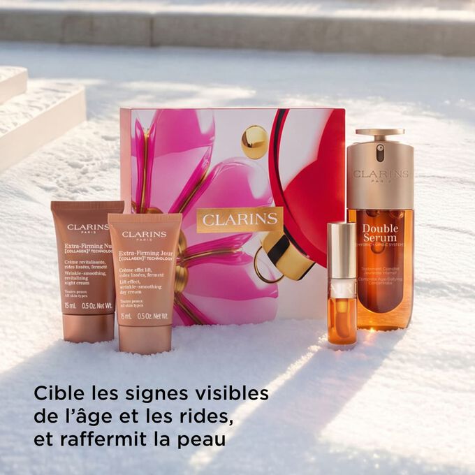 Plan produit du coffret de soins anti-&acirc;ge de Clarins offrant des r&eacute;sultats liftants, raffermissants et lissants visibles pour un teint plus &eacute;clatant et plus jeune