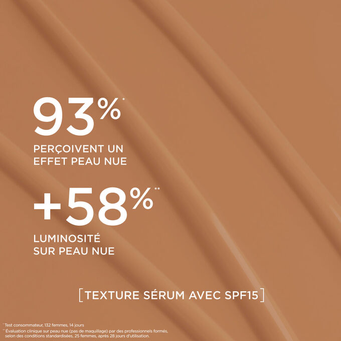 Ce fond de teint s&eacute;rum offre un fini naturel, renfor&ccedil;ant l&rsquo;&eacute;clat de la peau pour 93 % des femmes test&eacute;es.
