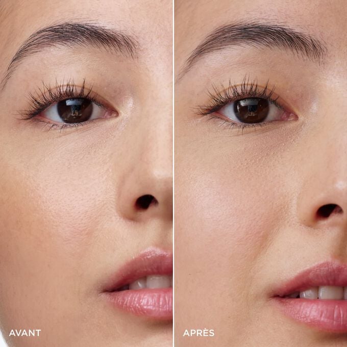 Les sourcils d&rsquo;une femme avant et apr&egrave;s utilisation du crayon &agrave; sourcils 2-en-1 Clarins en Dark Brown, pour des sourcils plus fournis, d&eacute;finis et structur&eacute;s.