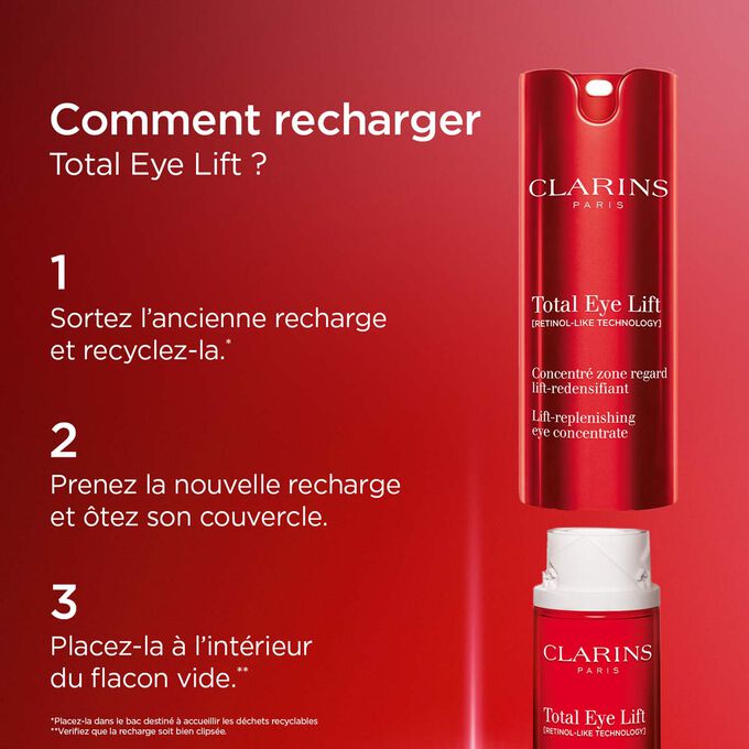 Processus de recyclage du Total Eye Lift de Clarins : Conservez l’emballage métallique, recyclez la recharge vide et insérez une nouvelle recharge dans l’emballage.