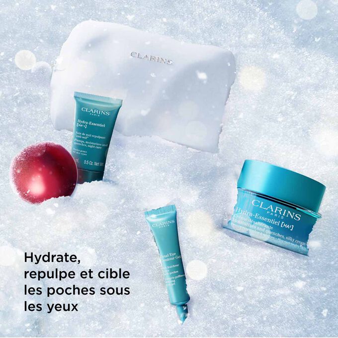 Plan produit du coffret de Noël Hydra-Essentiel, comprenant une crème hydratante, une crème de nuit et des produits pour le contour des yeux au format vente.