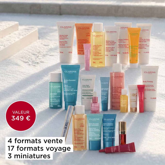 Calendrier de l&rsquo;Avent Beaut&eacute; Clarins comprenant 4&nbsp;produits en format vente, 17&nbsp;doses d&rsquo;essai et 3 miniatures, d&rsquo;une valeur totale de 372 &euro;.