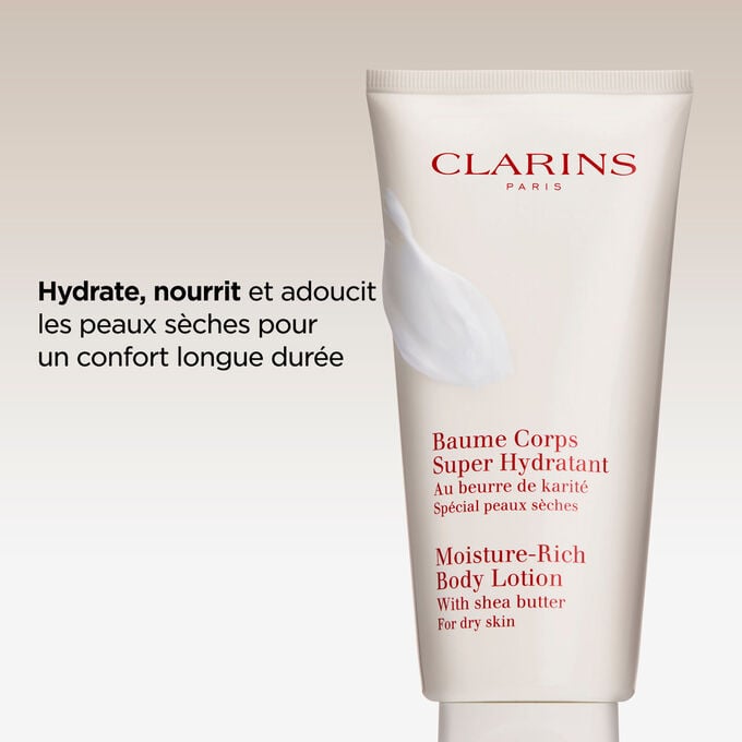 Tube du baume corps super hydratant montrant les bienfaits cl&eacute;s du produit pour hydrater, nourrir et adoucir les peaux tr&egrave;s s&egrave;ches.