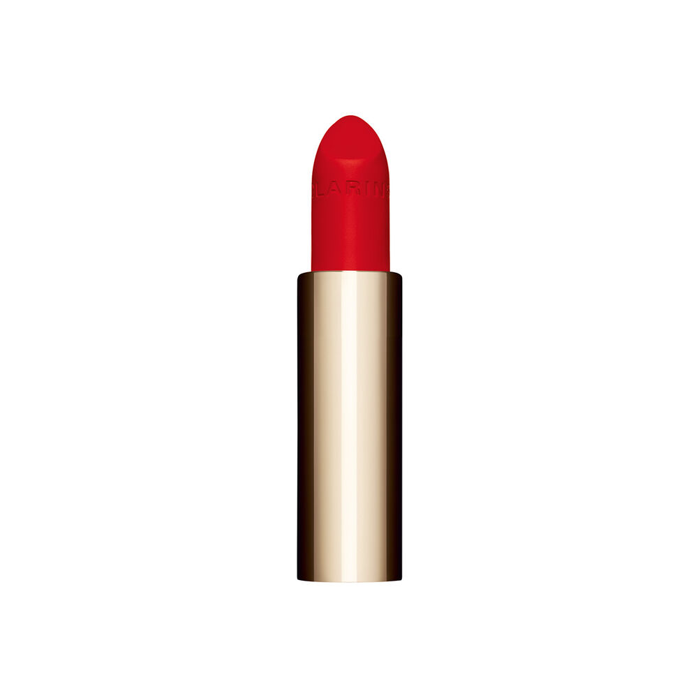 Plan produit du rouge à lèvres rechargeable Joli Rouge en teinte rouge intense 792 V de Clarins, soulignant son design durable