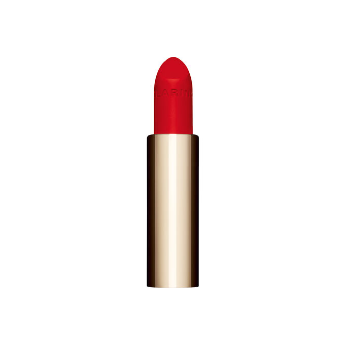 Plan produit du rouge à lèvres rechargeable Joli Rouge en teinte rouge intense 792 V de Clarins, soulignant son design durable